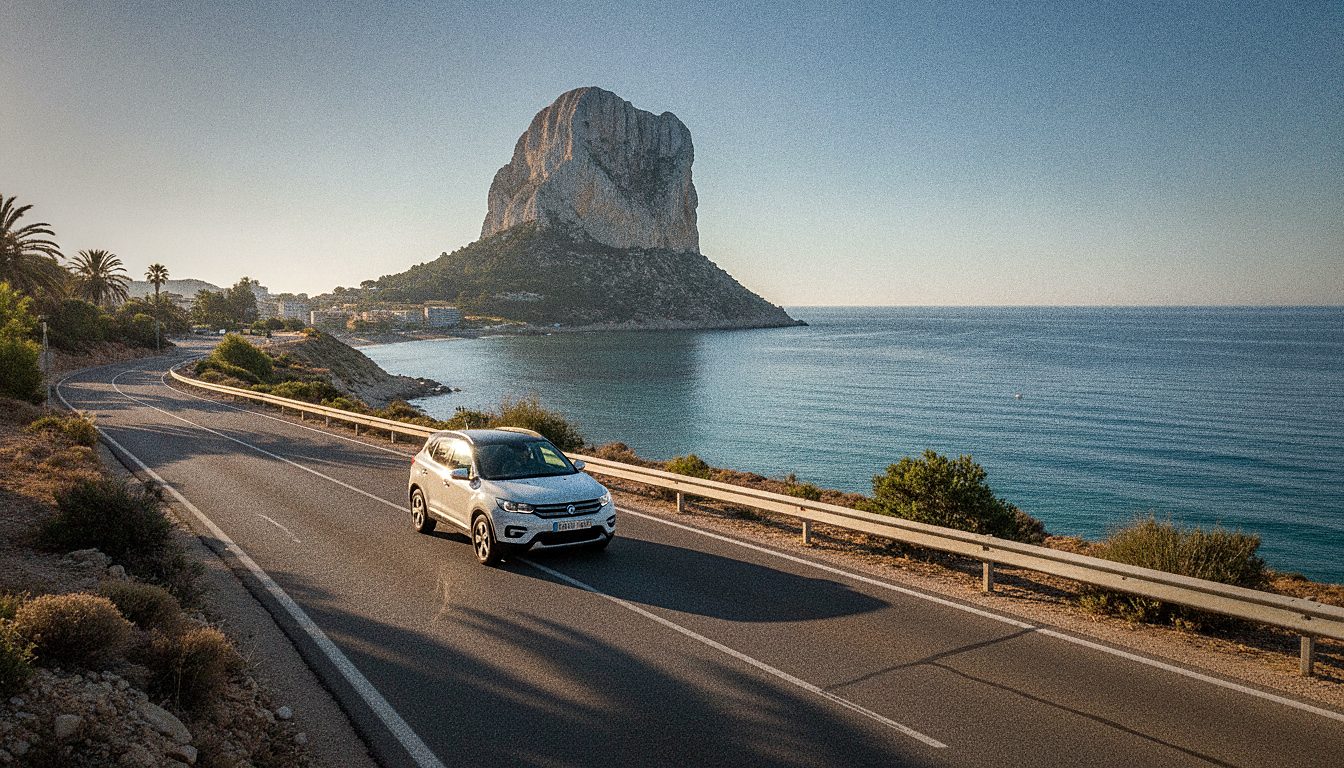 Rental car on the coastal road in Calpe with the Peñón de Ifach in the background