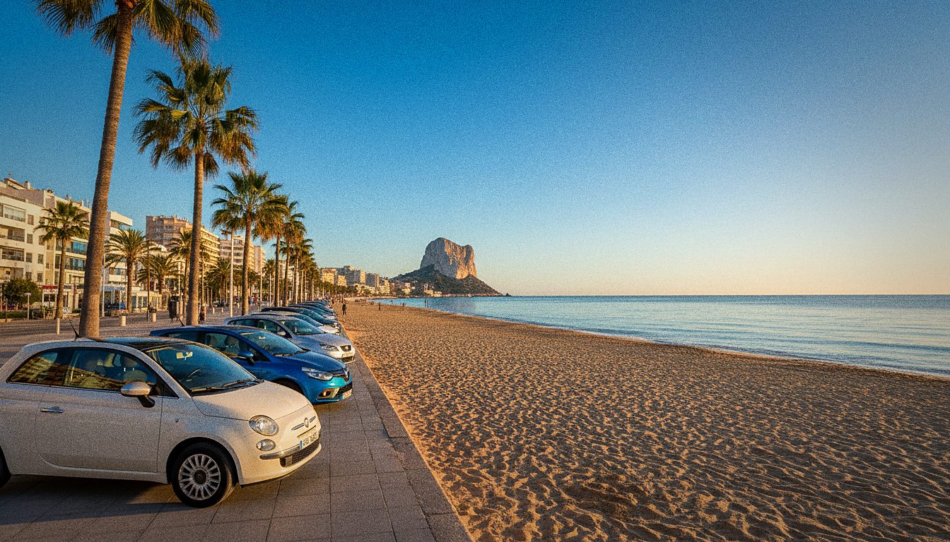 Rental cars parked next to Arenal beach in Calpe